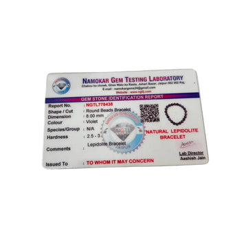 Gemstone identification report from Laboratory for lepidolite bracelet on a white background