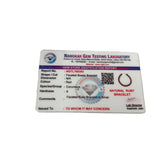 Gem Testing Laboratory identification card for natural ruby silver bracelet on a white background