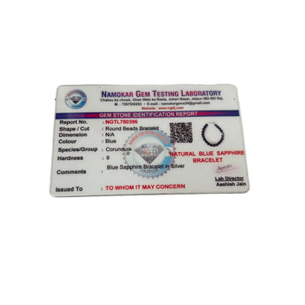 Gem Testing Laboratory report for natural silver blue sapphire bracelet on a white background