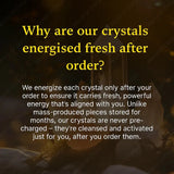 Text explaining crystal energization process with a blurred background of crystals and lights.