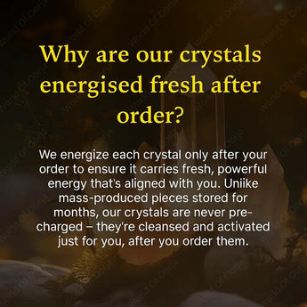Text explaining crystal energization process with a blurred background of crystals and lights.