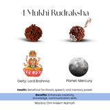 4 Mukhi Rudraksha with Lord Brahma, Mercury, and benefits text on a white background
