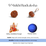9 Mukhi Rudraksha pendant with goddess Durga and planet Rahu illustration on a white background