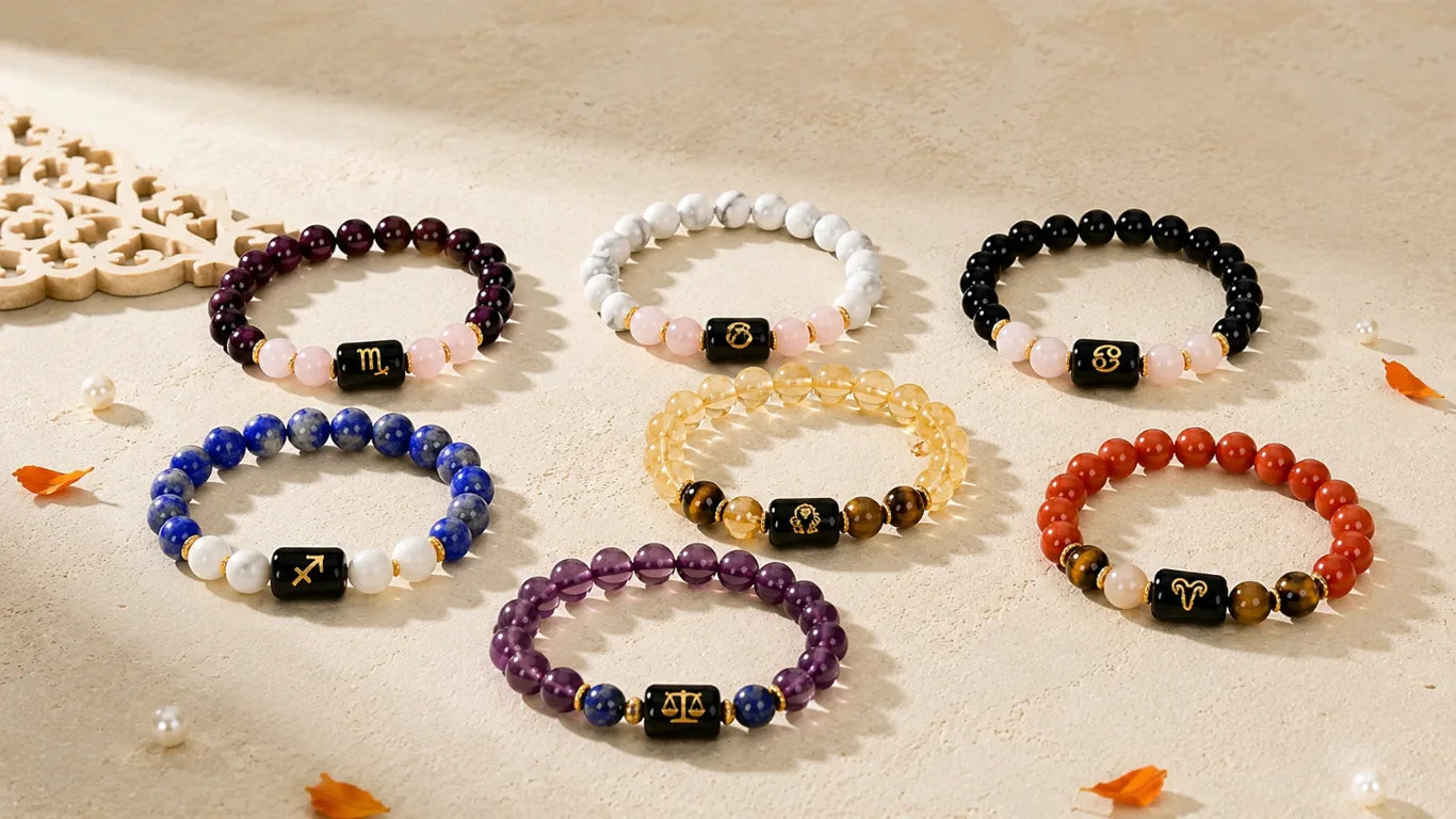 Zodiac crystal bracelets arranged on a light beige textured surface. The bracelets feature various gemstone beads in purple, blue, white, yellow, red, and black, with a central black cube charm displaying a gold astrological symbol.