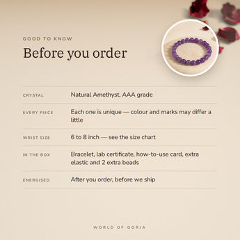 Amethyst bracelet – before you order: size, what is in the box, energised after order