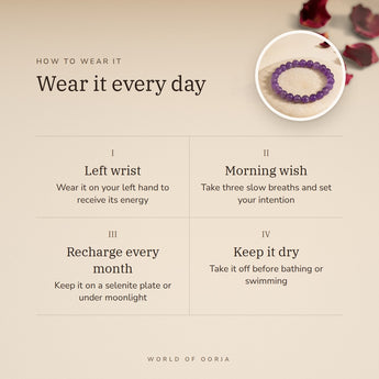 How to wear your Amethyst bracelet – left wrist, morning wish, recharge on selenite or moonlight