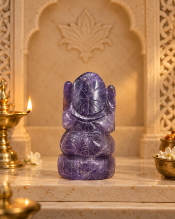 Rear view of the Amethyst Ganesh Ji murti showing the carved crown detail