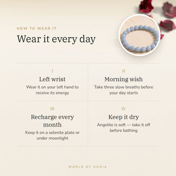 How to wear your Angelite bracelet – left wrist, morning wish, recharge on selenite or moonlight