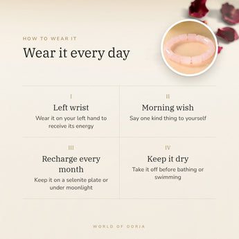 How to wear your Rose Quartz Cylinder Bracelet – left wrist, morning wish, recharge on selenite or moonlight