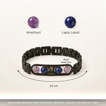 Aquarius bracelet crystals and size – 8mm beads, adjustable black metal band