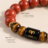 Close-up of Aries zodiac bracelet showing Red Jasper and Tiger's Eye crystals and their benefits