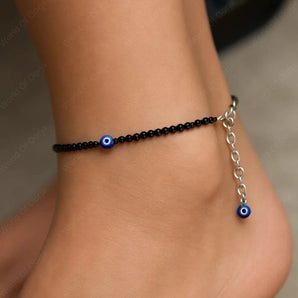 Black Tourmaline Anklet with Evil Eye Charm - WorldOfOorja