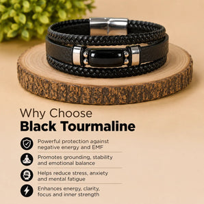 Black Tourmaline Leather Bracelet — Protection, Shielding & Deep Grounding