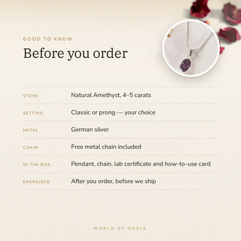Amethyst Pendant – good to know before you order: what is in the box, energised after order