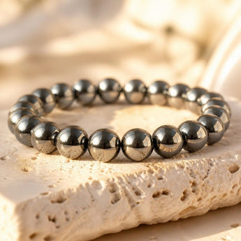 Close-up of polished metallic grey Hematite beads
