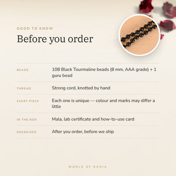 Black Tourmaline Mala – good to know before you order: what is in the box, energised after order