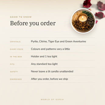 Dhan Yog Tea Light Holder – before you order: crystals, what is in the box, candle safety