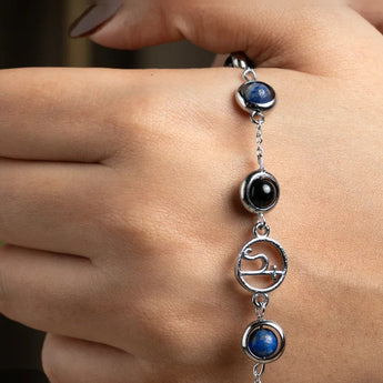 Wearing the Mulank 8 Saturn charm bracelet on the wrist