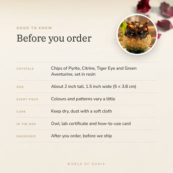 Dhan Yog Owl – before you order: crystals, size, what is in the box, energised after order