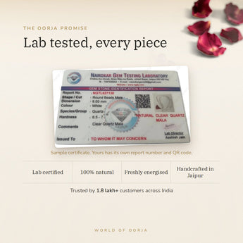 Clear Quartz (Sphatik) Mala certificate – The Oorja promise