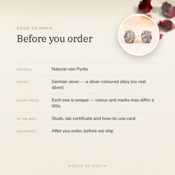 Raw Pyrite Studs – good to know before you order: what is in the box, energised after order