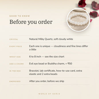 Milky Quartz Bracelet – before you order: size, charms, what is in the box, energised after order