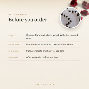 Silver Plated Karungali Mala – good to know before you order: what is in the box, energised after order