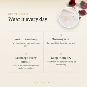 How to wear your Rose Quartz Studs – daily wear, recharge on selenite or moonlight