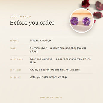 Amethyst Studs – good to know before you order: what is in the box, energised after order