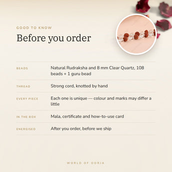 Clear Quartz & Rudraksha Mala – good to know before you order: what is in the box, energised after order