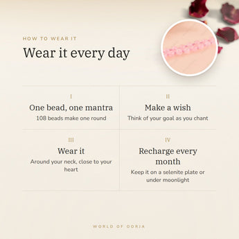 How to wear your Rose Quartz Mala – daily wear, recharge on selenite or moonlight