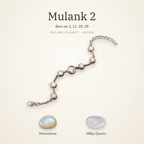 Mulank 2 Moon Charm Bracelet – Moonstone & Milky Quartz – Mulank 2 Moon charm bracelet on a plain background