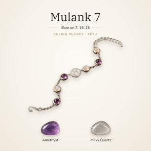 Mulank 7 Ketu Charm Bracelet – Amethyst & Milky Quartz – Mulank 7 Ketu charm bracelet on a plain background