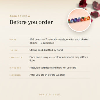 7 Chakra Mala – good to know before you order: what is in the box, energised after order