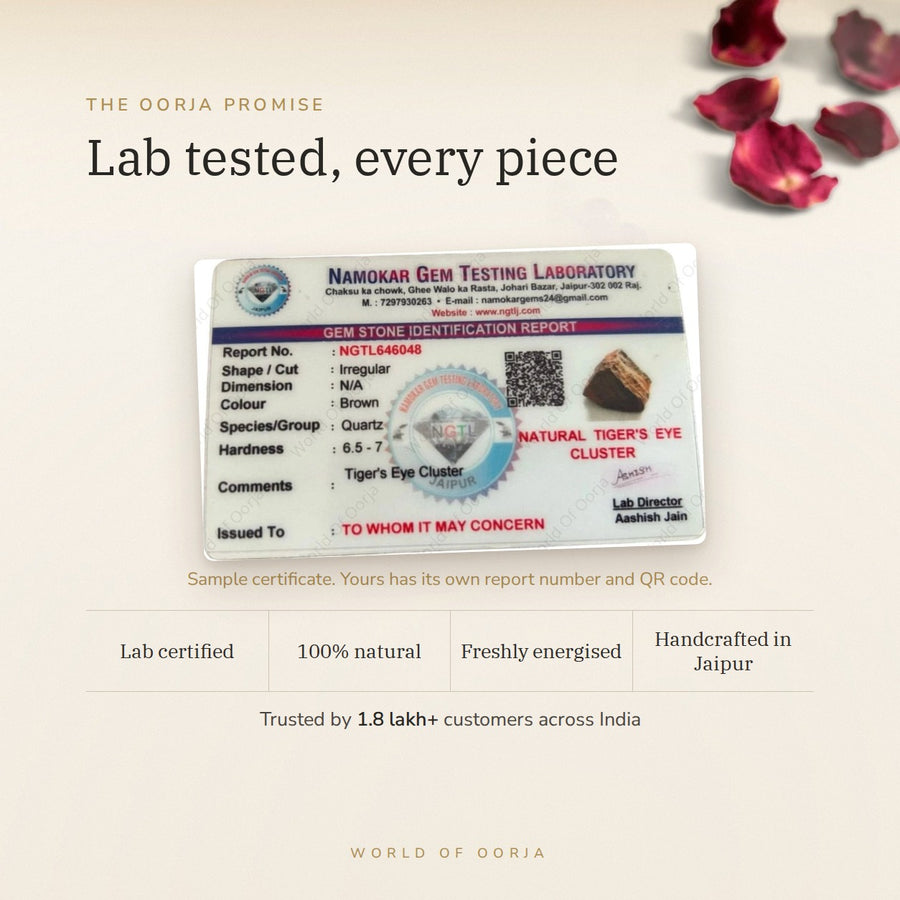 Raw Tiger Eye Cluster – Confidence & Focus lab certificate – World of Oorja