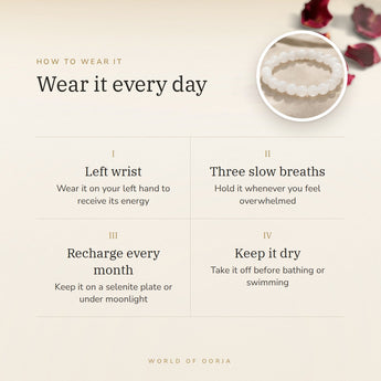 How to wear your Milky Quartz Bracelet – left wrist, three slow breaths, recharge on selenite or moonlight