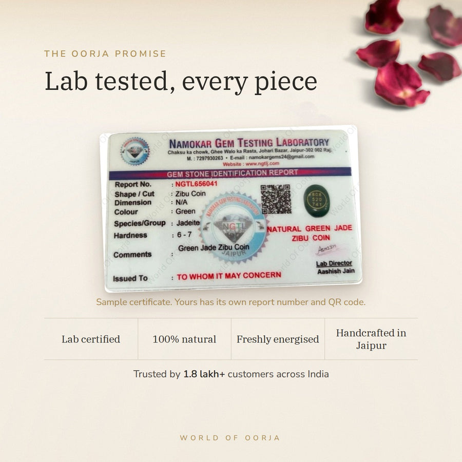 Jade Zibu Coin – Harmony & Abundance lab certificate – World of Oorja