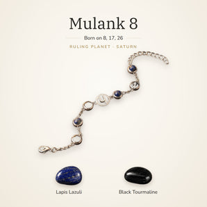 Mulank 8 Saturn Charm Bracelet – Lapis Lazuli & Black Tourmaline – Mulank 8 Saturn charm bracelet on a plain background