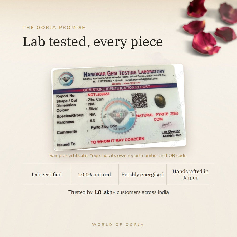 Pyrite Zibu Coin – Wealth & Confidence lab certificate – World of Oorja