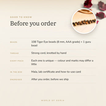Tiger Eye Mala – good to know before you order: what is in the box, energised after order