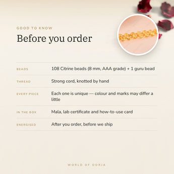 Citrine Mala – good to know before you order: what is in the box, energised after order
