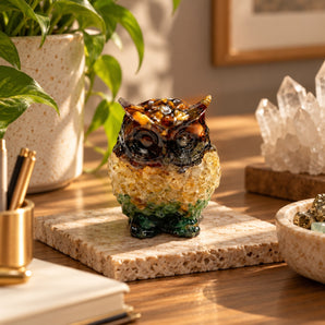 Dhan Yog Owl made of Tiger Eye, Citrine, Pyrite and Green Aventurine chips on a desk – World of Oorja