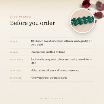 Green Aventurine Mala – good to know before you order: what is in the box, energised after order