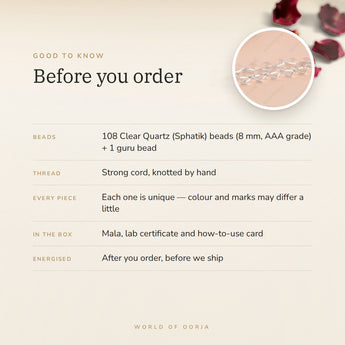 Clear Quartz (Sphatik) Mala – good to know before you order: what is in the box, energised after order