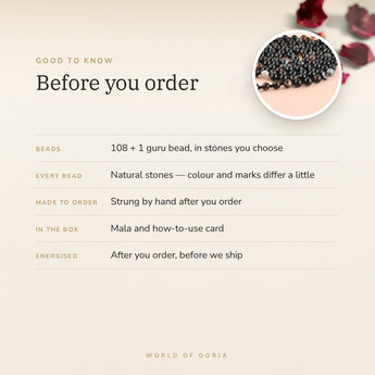 Custom Crystal Mala – before you order: 108 + 1 beads, what is in the box, energised after order
