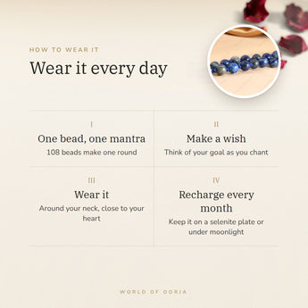 How to wear your Lapis Lazuli Mala – daily wear, recharge on selenite or moonlight