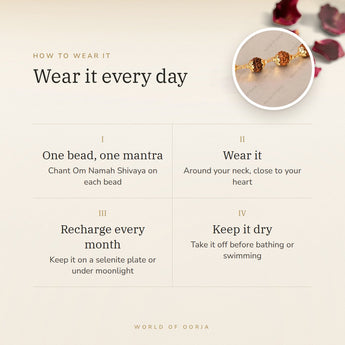 How to wear your 5 Mukhi Rudraksha Mala – daily wear, recharge on selenite or moonlight