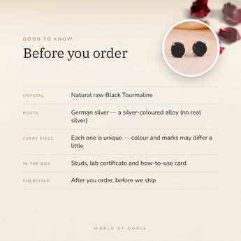 Raw Black Tourmaline Studs – good to know before you order: what is in the box, energised after order