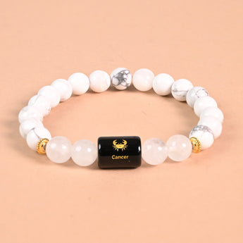 Cancer zodiac bracelet howlite and Milky Quartz, engraved Cancer name bead