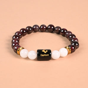Capricorn zodiac bracelet Garnet and Milky Quartz with engraved Capricorn name bead